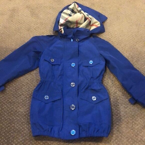 BURBERRY Kids Blue Buttons Removable Hood Raincoat Signature Plaid Size 4Y - Picture 1 of 8